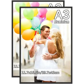 Veelot® 2x Bilderrahmen DIN A3 29.7x42cm | Metall Aluminium,Schwarz mat,Zertifikatsrahmen 30x42cm mit bruchsicherem Acrylglas | Hoch- & Querformat zur Wandmontage,schmales Profi