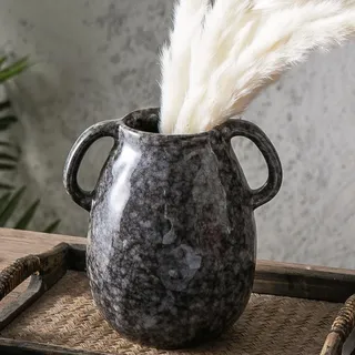 Moderne Keramikvase mit 2 Griffen, Schwarze Keramikvasen für Heimdekoration, rustikale Keramikvase, dekorative Terrakotta-Blumenvasen, Tonkrug für Tisch, Wohnzimmer, Regal, Kamindekor