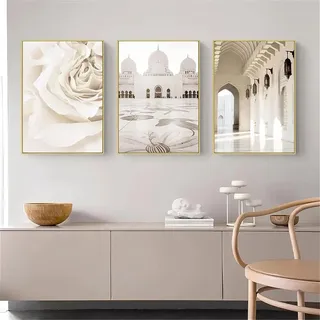 MHLCMG Leinwand Malerei Islamische Moschee Bilder Wandkunst Muslim Beige Landschaft Poster Kunstdruck Bild Wand Wohnzimmer Schlafzimmer Dekor Kein Rahmen (1,3X50X70CM)