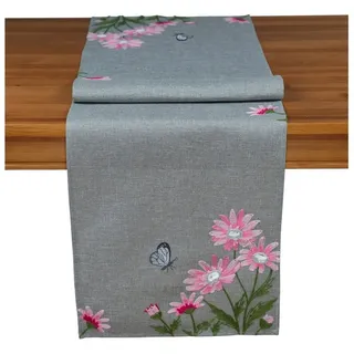 heimtexland Tischdecke Tischdeko Serie Blumen Tischwäsche Deko Kissen (1-tlg), Tischläufer 40x140 I rosa bestickt I Leinen-Optik rosa rechteckig | 40 cm x 140 cm