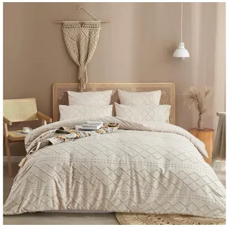 wohnTRAUM24 Bettwäsche Boho Bettwäsche Getuftet 135 x 200 Stickerei Shabby Chic Bettbezug, Microfaser Weiche Bettbezug mit Reißverschluss und Kissenbezug 80x80cm
