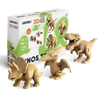 CARTONIC Dinosaurier Trio Karton-3D-Puzzle Set – 3 Modelle, 312 Teile, aus recycelten Materialien, DIY-Skulpturen