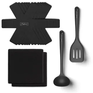 Hoffmann Germany Kochbesteck-Set Pflegeset Kochgeschirr 10-tlg., Schoner, Helfer, Mikrofaser (Set, 10-tlg., 6x Schoner + 1x Schöpfkelle + 1x Wender + 2x Mikrofasertuch), Silikon-Helfer, 5 mm Schoner, Mikrofasertuch, Antihaftschutz schwarz