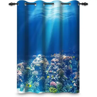 Vorhang mit Ösen – Ozean – Meer – Blau – Unterwasserwelt – Koralle – Natur – Maritimes Thema – Verdunkelungsstoff für Fenster - Schwarz