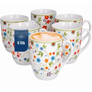 Van Well Vario 6er Kaffeetassen-Set - Porzellan-Tasse groß - in fröhlichen Farben - pflegeleichtes Tassen-Set - für Spülmaschine & Mikrowelle geeignet - 300 ml Kaffeebecher Flower
