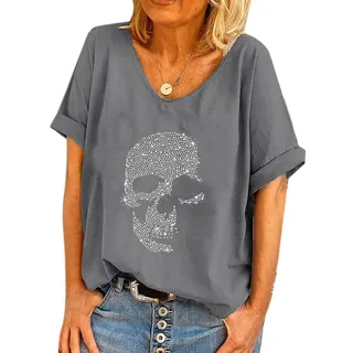Damen Totenkopf Diamante Strass Design Baggy T Shirt Tops Punk Rock Mode Ärmellose T-Shirts - XL