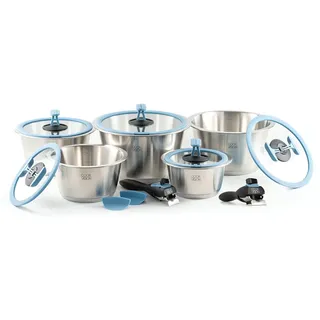 cookvision nesto stapelbares Topfset 14-tlg. Blau, 5 Edelstahltöpfe induktions-, backofen- und spülmaschinengeeignet, Set mit 5 Glasdeckeln, 2 abnehmbare Griffe, für Paare, Camping, Reisen