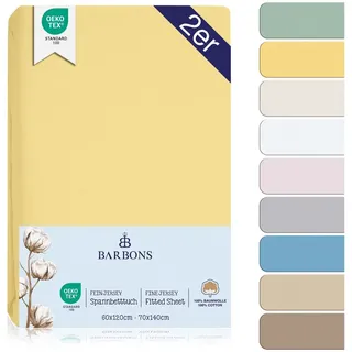 BARBONS Spannbettlaken 60x120 für Baby, Jersey Bettlaken Babybett, Kinderbett, (2 Stück), 100% Baumwolle gelb 60/70 cm x 120/140 cm