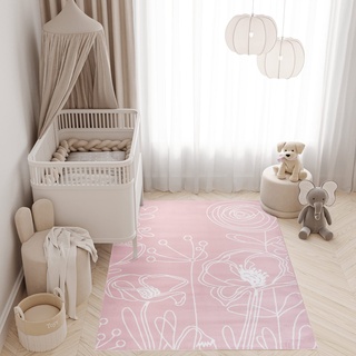 TAPISO Pinky Teppich Kurzflor Kinderteppich Kinderzimmer Pink Rosa Weiß Pastellfarben Modern Blumen Floral Spielteppich ÖKOTEX 180 x 250 cm