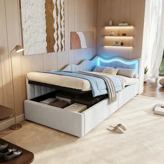 Jookgbd-schlafsofa Polsterbett 90x200cm,einzelbett Mit Bettkasten Und Stauraum,daybett Tagesbett Mit Led Kopfteil,lattenrost Inklusive,für Kinder Und Jugendliche,teddy-stoff,weiß