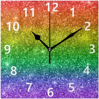 Rootti Art Quadratische Uhr, bunte Glitzer-Streifen, geräuschlos, nicht tickend, 20 cm, Wanduhr, Dekoration für Zuhause, Schlafzimmer, Wohnzimmer, Badezimmer, Küche, Büro, Lounge