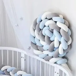 Welikera Bettschlange geflochten 200cm Nestchen Zopf - Babybett Stoßfänger Bettumrandung lang - Kopfschutz Zugluftstopper, Blau+Weiß+Grau - Blau/Weiß/Grau