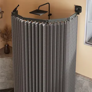 Generisch Faltbarer Duschvorhang Anti Schimmel mit Duschvorhangstange L/U Form und Saugnapf, Duschvorhang Ohne Bohren, Leinen Textil, Wasserdicht für Eckdusche, Shower Curtains,Dark Gray,4 Folds