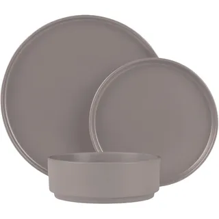 18-tlg. Steingut Design Geschirrset, Stapelbar, Taupe Matt: Speise-, Dessertteller, Schalen, edles & platzsparendes Tafelservice, modern und stilvoll