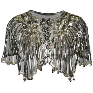 Grouptap 1920er Jahre Schwarz/Gold/Silber/Weiß Schal Gatsby Bolero Pailletten Umhang Shrug Wrap für Damen Flapper Art Deco Vintage Kleid Kostüm