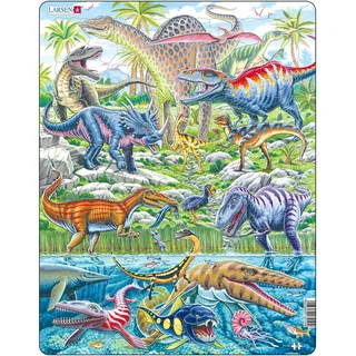 Larsen FH49 Dinosaurier Puzzle, Alter 6–12, 70 Teile, Figuren‐ & Konturteile, Rahmenpuzzle aus Norwegen, Lernspiel prähistorische Tiere