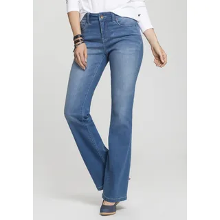 Bootcut-Jeans H.I.S "High-Waist" Gr. 30, Länge 34, blau (mid, blue, used) Damen Jeans wassersparende Produktion durch OZON WASH