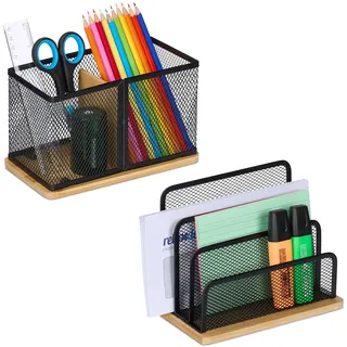 Relaxdays Schreibtisch Organizer Set 2-tlg., Metall, Briefständer & Stiftehalter, Büro-Organizer, Bambus, schwarz/natur