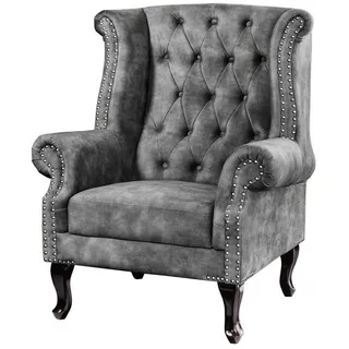 Licht-Erlebnisse Sessel RODRA, Ohrensessel Samt Holz in Grau Braun B: 85 cm Chesterfield Sessel braun|bunt|grau