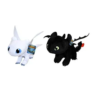 HTTYD Drachenzähmen leicht gemacht - Dragons - Pack 2 Plüsch Light Fury weiße + Ohnezahn Toothless schwarz - Qualiät super Soft 11'80"/30cm (40 cm Schwanz enthalten)