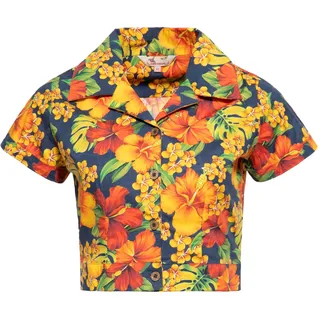 Queen Kerosin Damen Hawaii Bluse Cropped Bluse Hemdbluse Hawaiishirt Hibiskus Retro Vintage Crop Top 50s Rockabella Hibiskus - XL