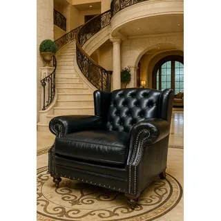 Casa Padrino Luxus Chesterfield Leder Ohrensessel Schwarz Dunkelbraun Echtleder