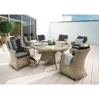 Destiny Garten-Essgruppe LUNA, Esstisch Ø150cm mit 6 Sesseln inkl. Polster, Polyrattan + Aluminium beige