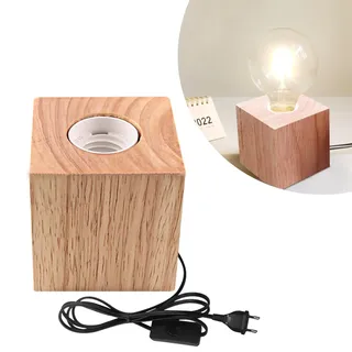 Nizirioo E27 Nachttischlampe Holzsockel, Tischlampe Würfel Holz, Kleine Nachttischlampe mit Holzsockel, EU-Plug Holzsockel E27 Perfekt für Schlafzimmer/Wohnzimmer/Büro (Ohne Glühbirne)
