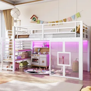 Merax Etagenbett Hochbett 90x200, mit Treppe, Stauraum, LED, Fensterdesign, Kinderbett, Stockbett, Eisenbett, Jugendbett, Weiß - Weiß