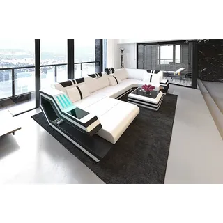 Sofa Dreams Wohnlandschaft Leder Sofa Ledercouch Ravenna U Form Ledersofa, Couch, mit LED, wahlweise mit Bettfunktion als Schlaffunktion schwarz|weiß