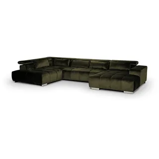 Mivano Wohnlandschaft Orion / Riesige Sofalandschaft in U-Form inkl. XL-Recamiere und Kopfteilfunktion / 409 x 73 x 225 / Velours, Grün
