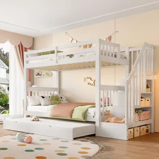 Merax Etagenbett Kinderbett 90x200 cm, Hochbett mit Ausziehbett, Treppenregal und hohe Geländer, Holzbett Bettgestell mit Lattenrost (ohne Matratze), aus Kiefernholz, Weiß