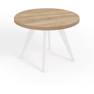 Runder Ausziehbarer Tisch für Esszimmer, LORA, Loft-Stil, Skandinavische, Durchmesser: 90 / 140 cm, Farbe: Eiche Sonoma / Weiß