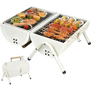 Doppelseitiger Holzkohlegrill Tragbarer, Doppelte Grillfläche für Outdoor Barbeque, Klappbar Camping Grill Doppelseitig Räuchergrill, für Outdoor Camping Picknick (Weiß)