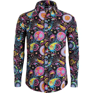 COSAVOROCK Herren Hippie 70er Jahre Hemd Blumen Hawai Langarm Hemden Freizeitshemd - M