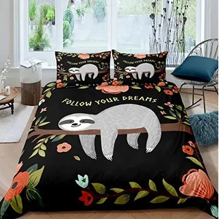 Loussiesd Faultier 135x200 cm Bettwäsche Set Kinder Faultier Tiere Bettbezug Tropische Blumen Blätter Bettwäsche Set Schwarz für Jungen Mädchen Mikrofaser Betten Set Netter Karikatur Faultier