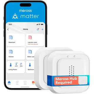 Meross Matter Smart Wassermelder(Hub benötig), 0,3mm Erkennungbis, 2pcs | Wasserlecksensor bis 100dB Sensor&APP&Hub-Alarm, für Küche, Badezimmer, Keller, kompatibel mit Apple HomeKit, Alexa, Google