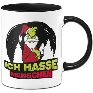 Tassenbrennerei Grinch Tasse mit Spruch: Ich hasse Menschen - Kaffeetasse, Weihnachtstasse lustig (Schwarz)