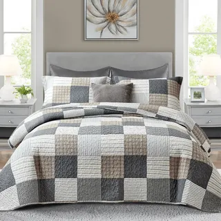 Finlonte Twin Steppdecke 100% Baumwolle Twin Bettwäsche-Set Grau Braun Weiß Plaid Twin XL Steppdecke Patchwork Leichte Weiche Twin Tagesdecke für alle Jahreszeiten 2-teilig