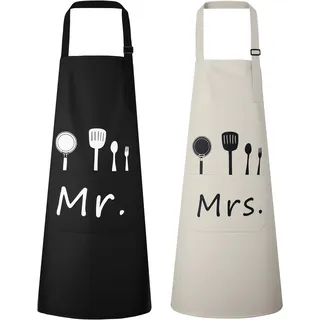 Vicloon Mr & Mrs Küchen Schürze,Verstellbare Schürze mit 2 Taschen,Bändern Küchenschürze für Männer,Küchenschürze für Grillabende von Männern und Frauen im Garten verwendet Werden