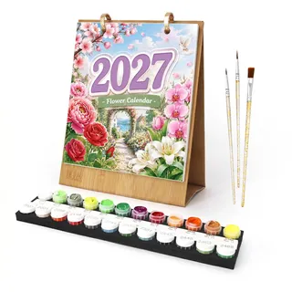 Lebartm 2027 Neuer Kalender Malen nach Zahlen Kit für Erwachsene 12 verschiedene Blumen Handgemalte Ölgemälde Tischkalender für Zuhause Büro Planung-Blumen