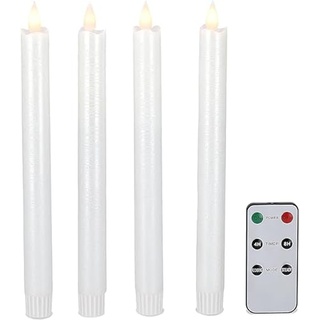 DbKW Perlmutt/Weiß glänzend, 4er Set LED Stabkerzen mit Fernbedienung, Echtflammen-Optik, 4/8 Stunden Timer, Echtwachs. Flackereffekt und Standlicht. Tafelkerzen Kerzen