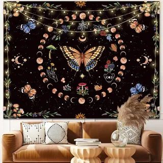 LANG XUAN Schmetterling Mondphasen Blume Tapisserie Botanische Blumenpflanze Boho Pilz Tapisserie für Schlafzimmer Ästhetischer Vintage Tapisserie Wandbehang für Wohnzimmer Wohnheim (Grün, 180 x 230