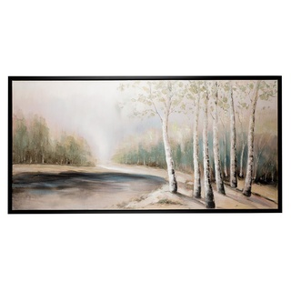 GILDE Deko großes Bild Gemälde auf Leinwand 150 x 75 cm - Keilrahmen Bild XXL Landschaft mit Birke Baum Fluß - Herbst Wanddekoration - naturfarben