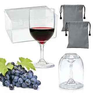 TEUYOE 2 Stück Camping Weinglaser, 200ml Weingläser Kunststoff to mit Wasserdichter Tasche und Aufbewahrungsbox, für Partys, Reisen, Camping, Picknicks, Rotwein, Weißwein, Cocktails