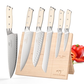 NANFANG BROTHERS Messerset, 6 Stück Damaszener Stahl VG10 Küchenmesser Set mit Holz Magnetische Messerhalter, ABS Ergonomischer Griff für Kochmesser Set, Professional