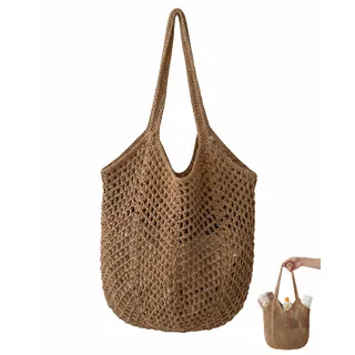 BTACGWP Strandtasche Damen, Geflochtene Korbtasche Khaki (1 Stk.) | Leichte Boho-Tasche aus atmungsaktiven Naturfasern, Idealer Sommershopper für Strand, Pool & Marktbesuche