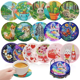 Diamond Painting Kinder 16 Stück,Diamond Painting Tiere Untersetzer mit Holder,Basteln Mädchen 5 6 7 8 9 10 Jahre,DIY Tassenuntersetzer zum Basteln,Geburtstagsgeschenk für Anfänger,Erwachsene&Kinder