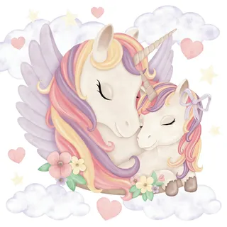 Wally Fox - Wandsticker Kinderzimmer - Wandtattoo Babyzimmer - Ungiftig, sicher - Set Einhorn, Einhörner, Sterne, Wolken, Herzen L - rosa, violett, Pastellfarben - 52,5x80cm