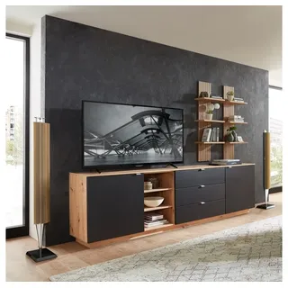 Lomadox Sideboard CUST-36, Set mit 2 Wandboards schwarz mit Eiche 240 cm Wohnwand Fernsehschrank schwarz